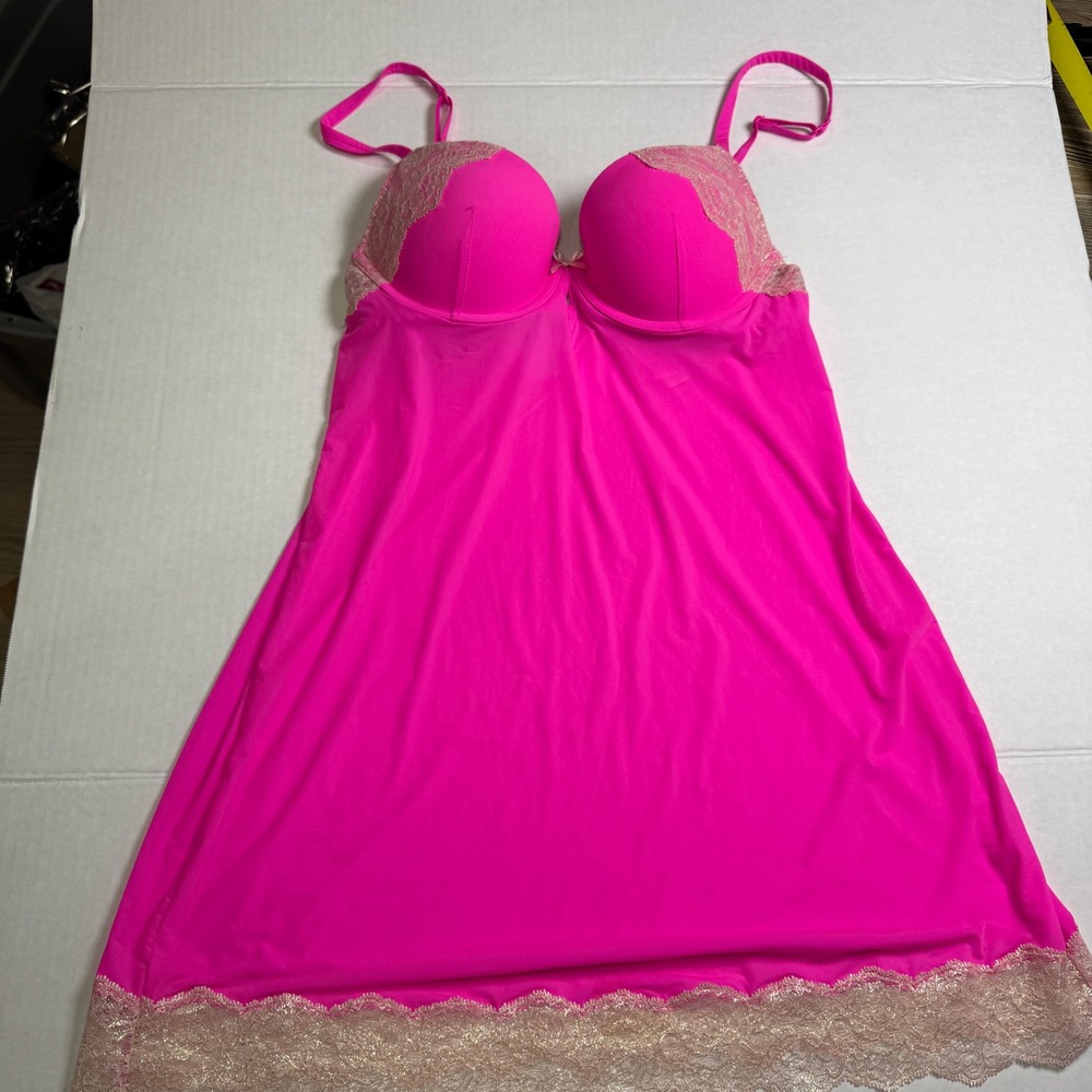Victoria's Secret Pink Lace Trim Babydoll Chemise Lingerie 34B Hot Pink Gold